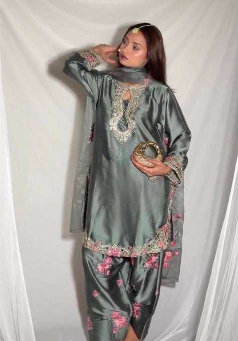 Grey Embroidery Satin Salwar Suit Set