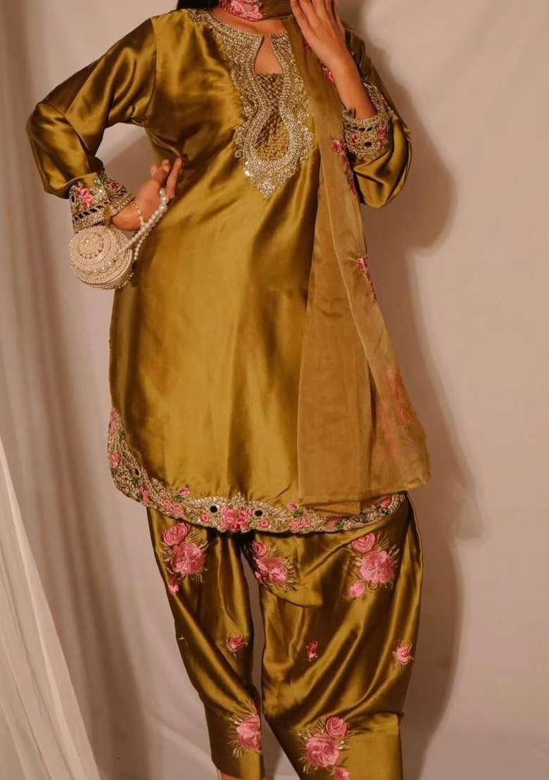 Gold Embroidery Satin Salwar Suit Set - Indya