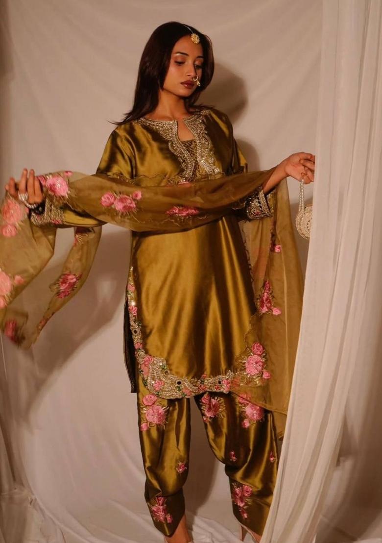 Gold Embroidery Satin Salwar Suit Set - Indya