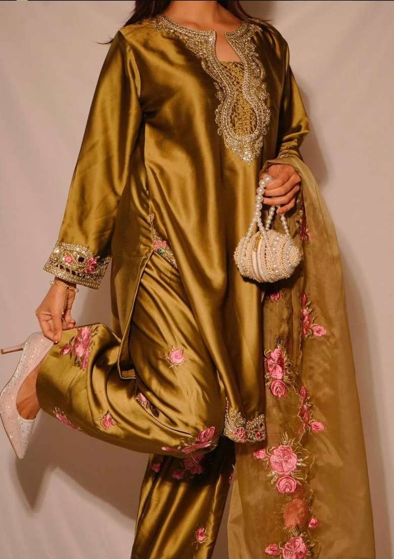 Gold Embroidery Satin Salwar Suit Set - Indya