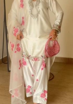 White Embroidery Satin Salwar Suit Set
