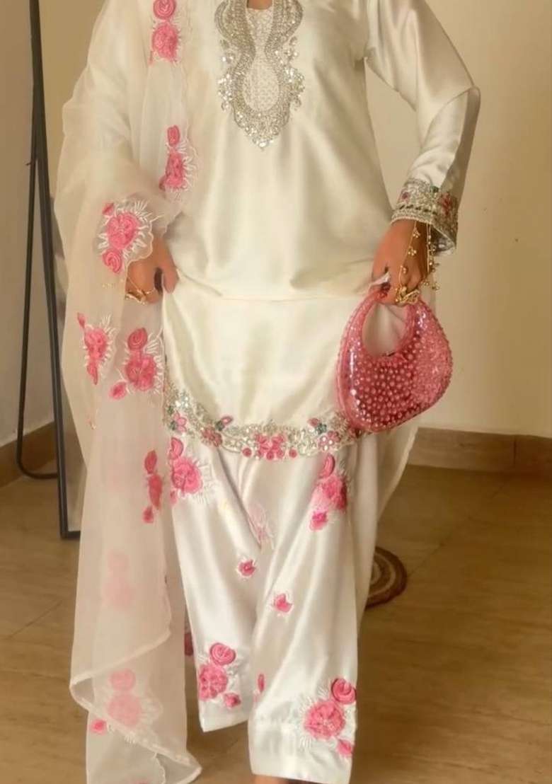 White Embroidery Satin Salwar Suit Set - Indya