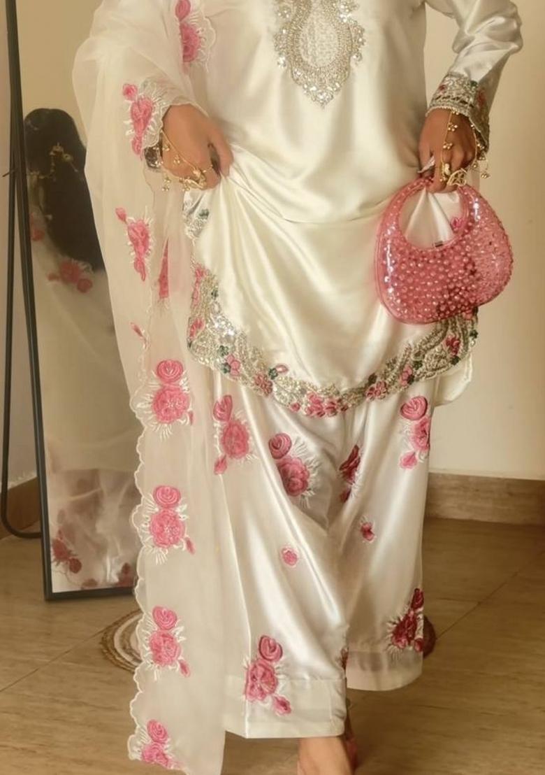 White Embroidery Satin Salwar Suit Set - Indya