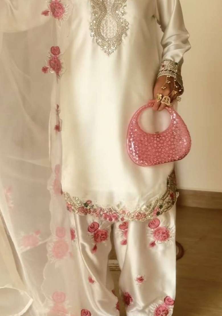White Embroidery Satin Salwar Suit Set - Indya