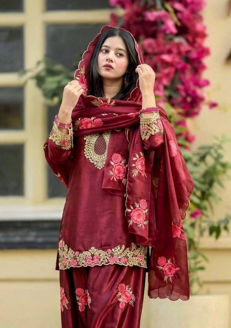 Maroon Embroidery Satin Salwar Suit Set - Indya