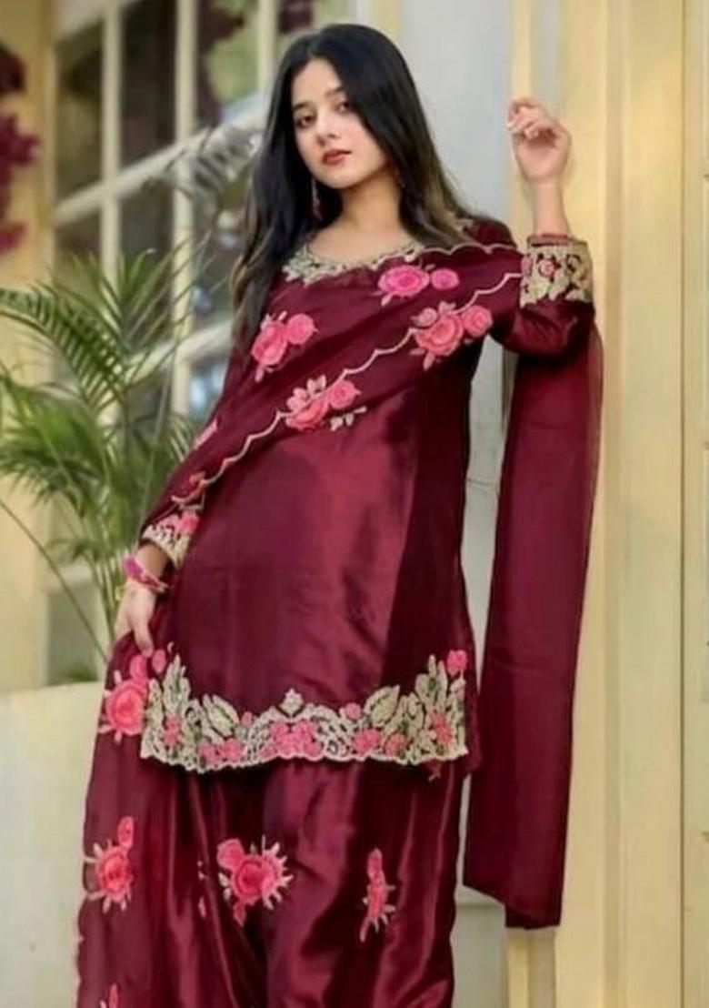 Maroon Embroidery Satin Salwar Suit Set - Indya