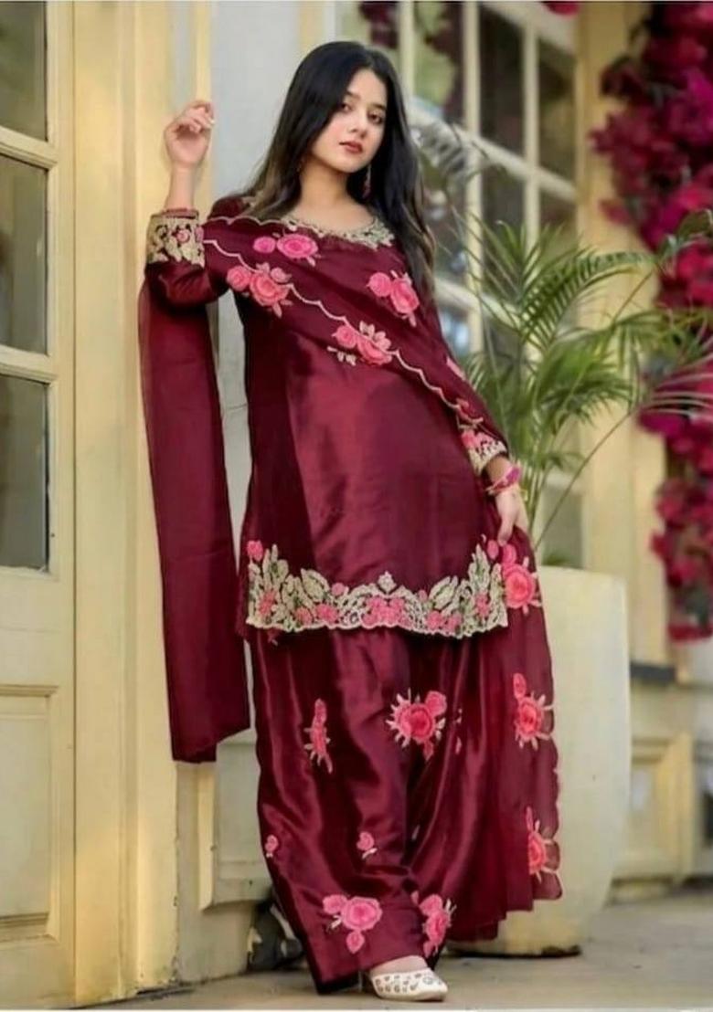 Maroon Embroidery Satin Salwar Suit Set - Indya