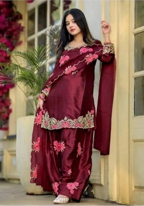 Maroon Embroidery Satin Salwar Suit Set — view on Indya