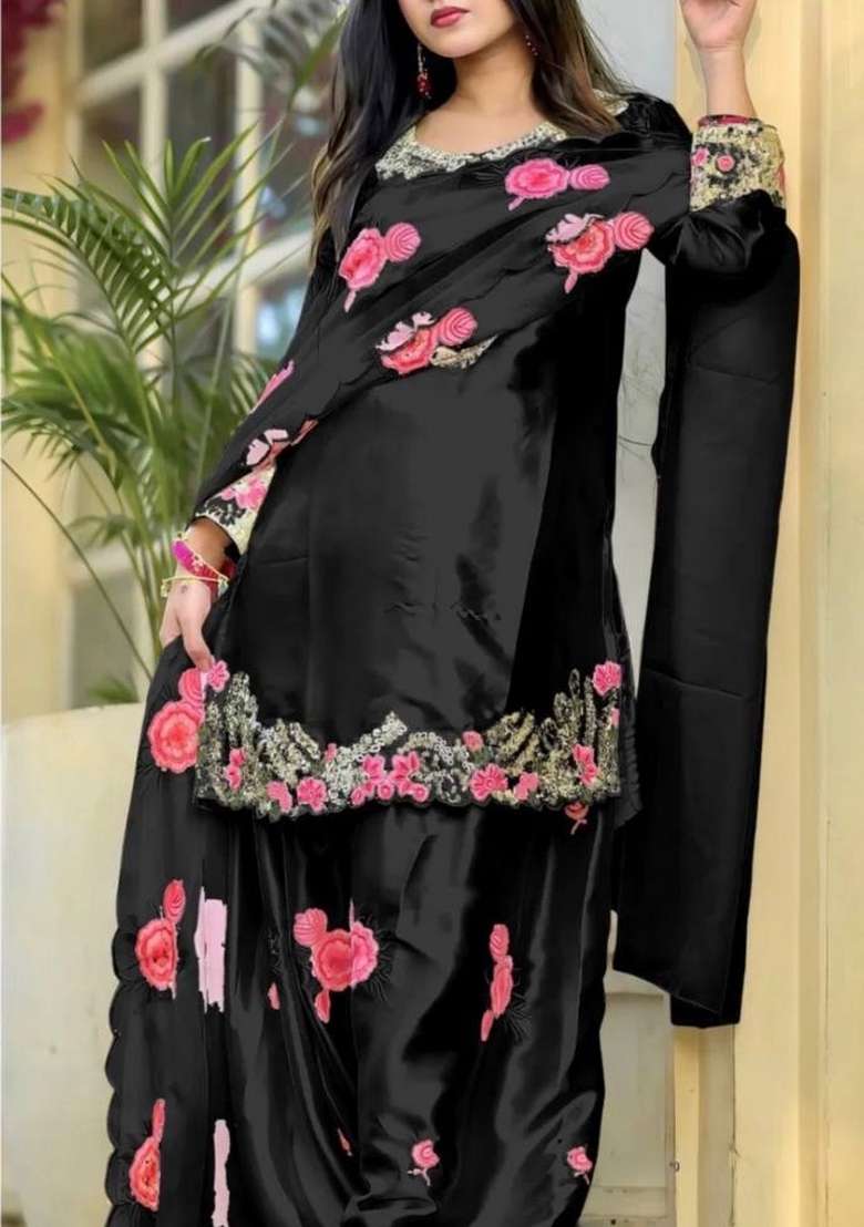 Black Embroidery Satin Salwar Suit Set - Indya