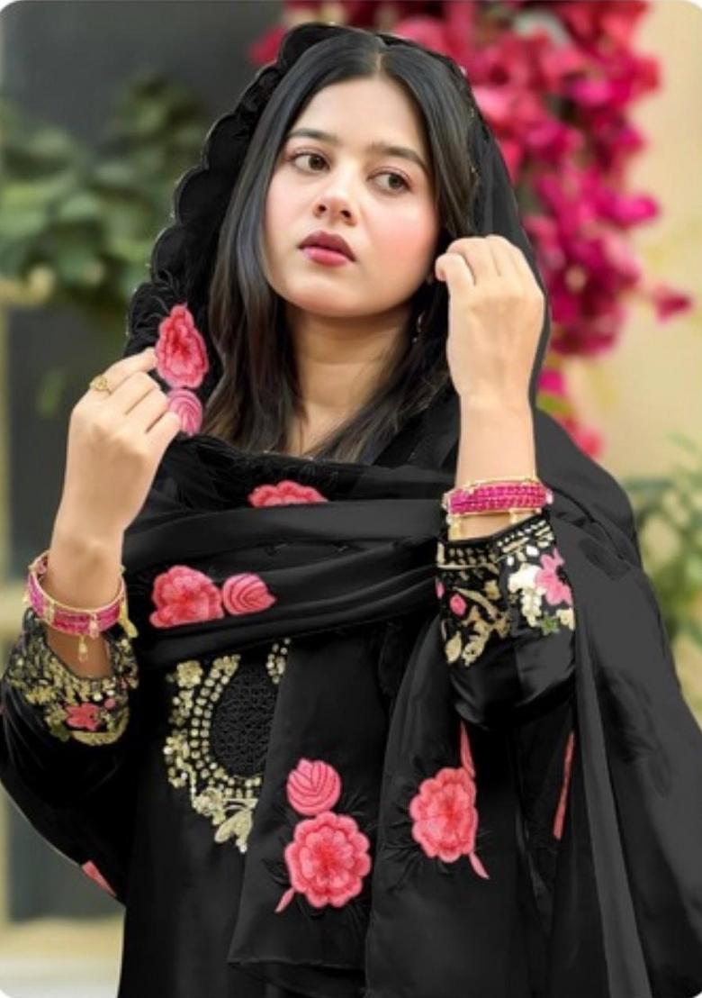 Black Embroidery Satin Salwar Suit Set - Indya