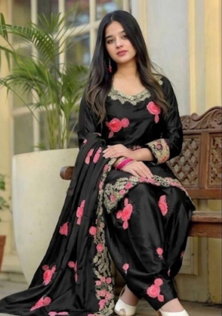 Black Embroidery Satin Salwar Suit Set - Indya