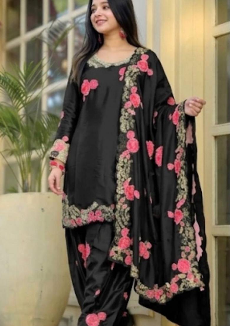 Black Embroidery Satin Salwar Suit Set - Indya