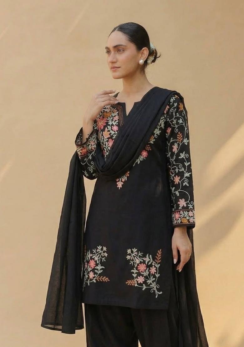 Black Embroidery Silk Salwar Suit Set - Indya