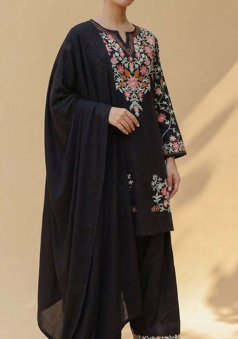 Black Embroidery Silk Blend Salwar Suit Set - Indya
