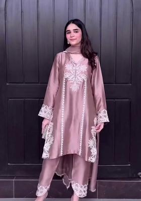 Peach Embroidery Silk Salwar Suit Set