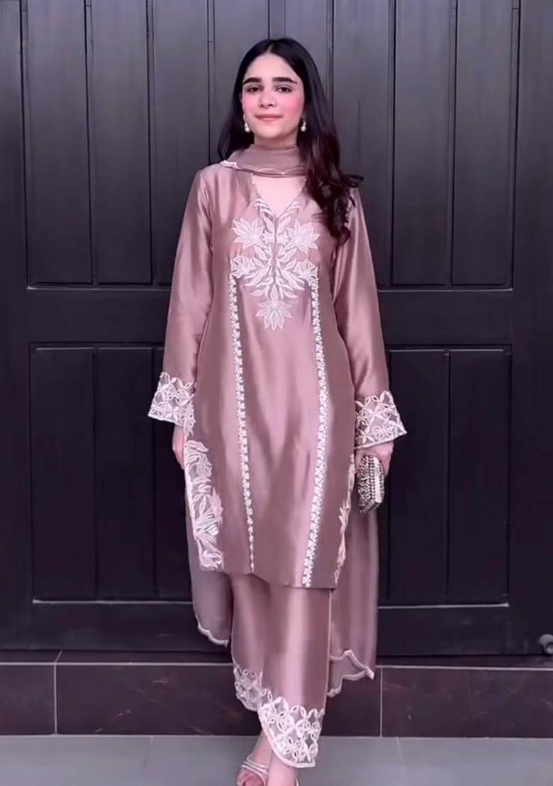 Peach Embroidery Silk Salwar Suit Set - Indya