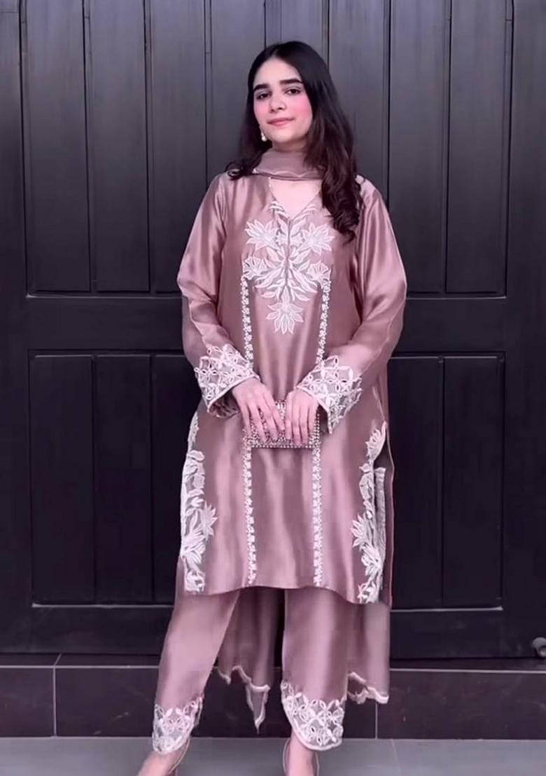 Peach Embroidery Silk Salwar Suit Set - Indya