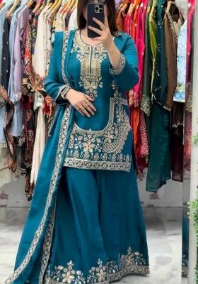 Rama Blue Embroidery Silk Sharara Set