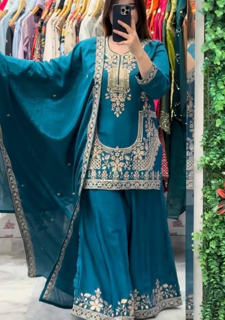 Rama Blue Embroidery Silk Sharara Set - Indya