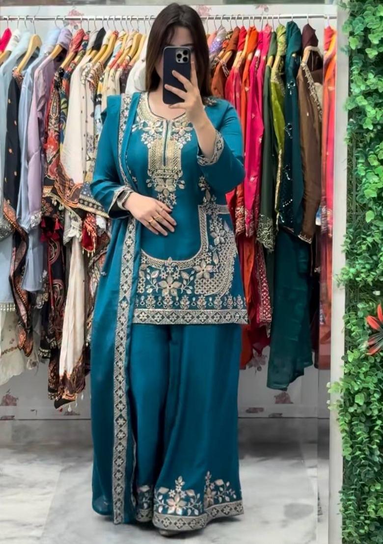 Rama Blue Embroidery Silk Sharara Set - Indya