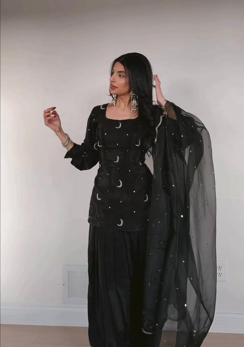 Black Embroidery Silk Salwar Suit Set - Indya