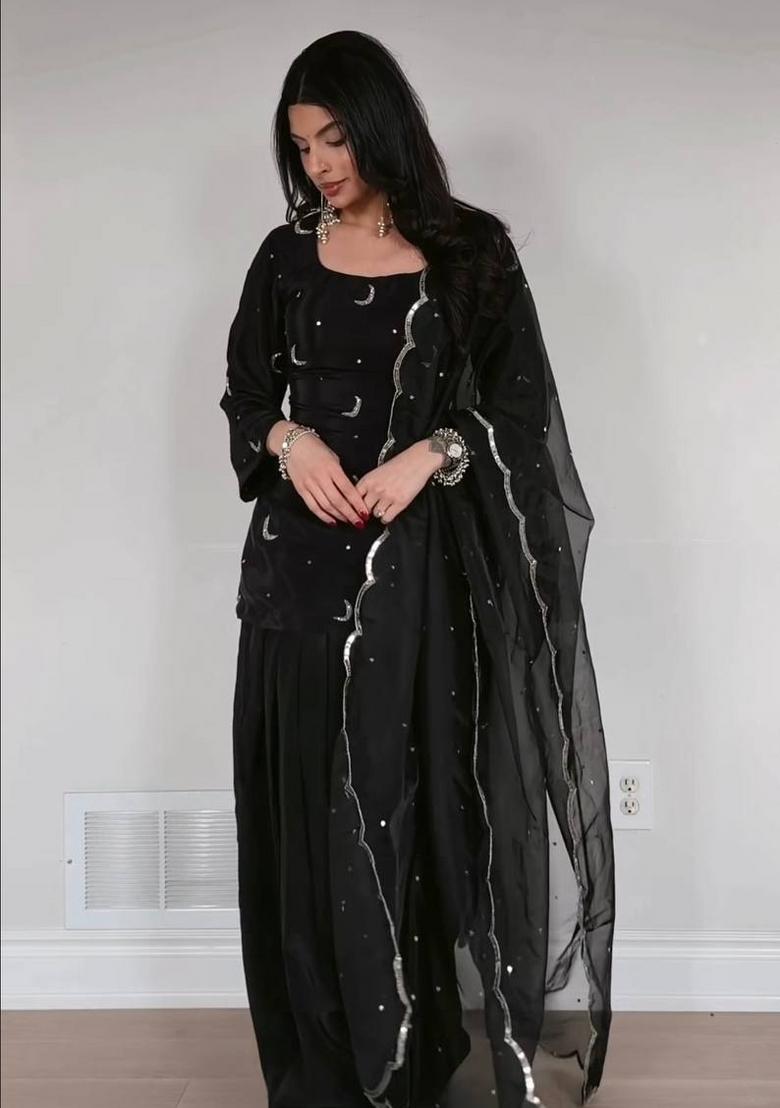 Black Embroidery Silk Salwar Suit Set - Indya