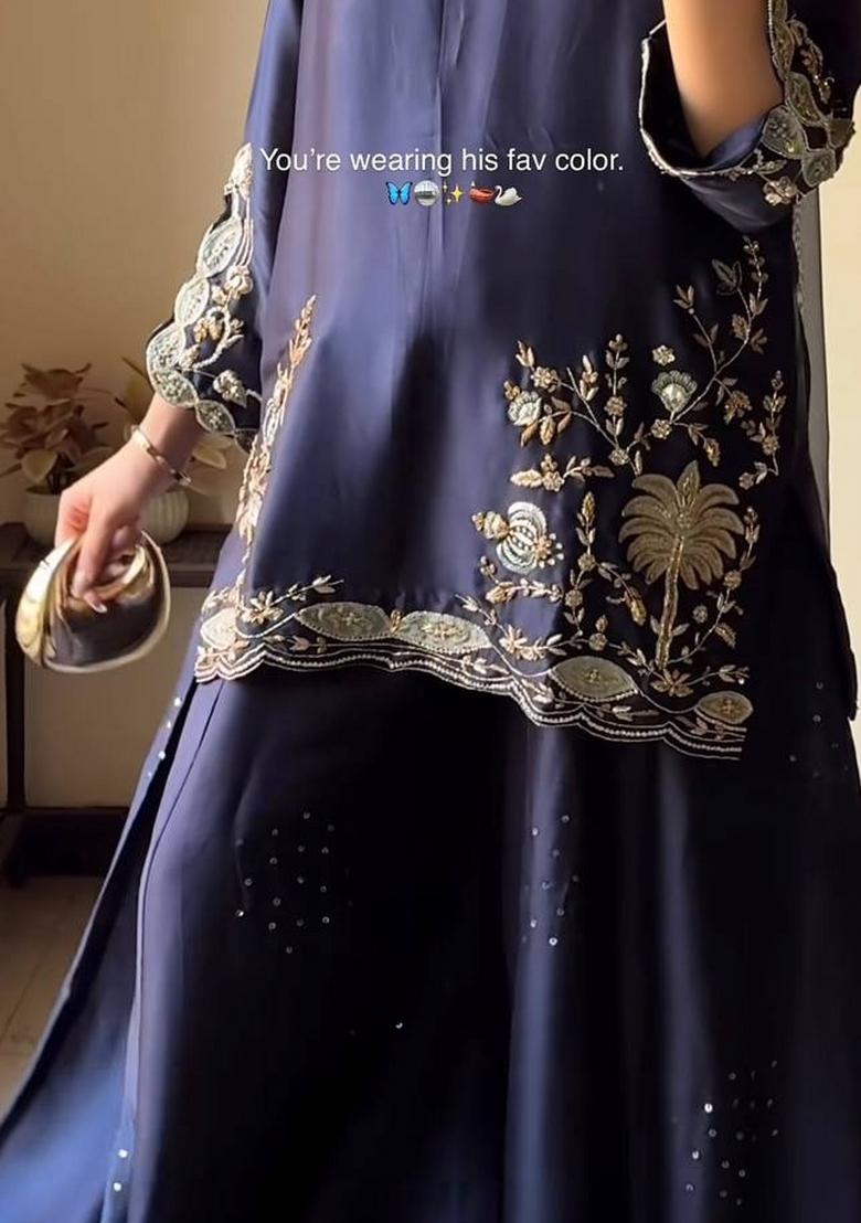 Navy Blue Embroidery Silk Sharara Set - Indya