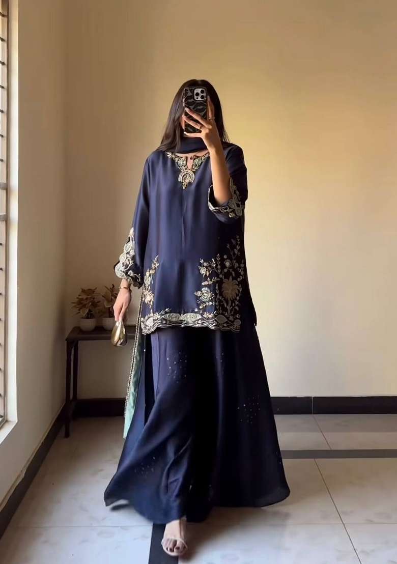 Navy Blue Embroidery Silk Sharara Set - Indya