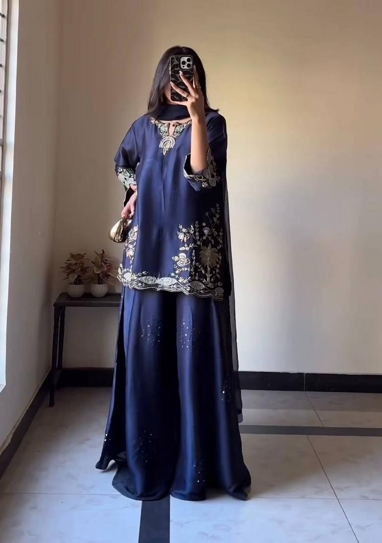Navy Blue Embroidery Silk Sharara Set - Indya