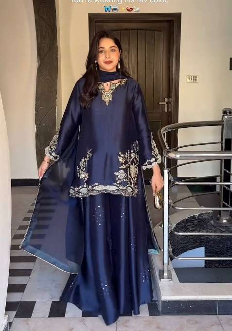 Navy Blue Embroidery Silk Sharara Set
