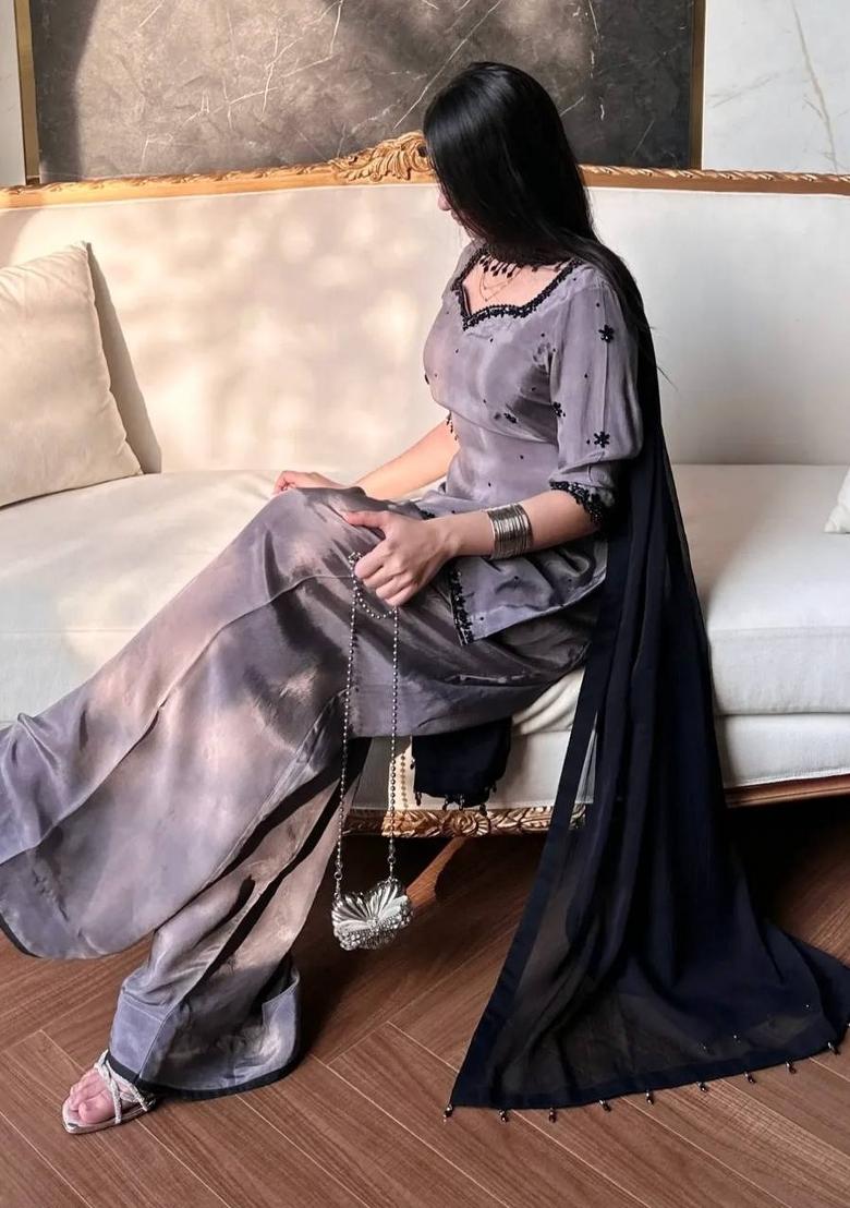 Grey Embroidery Silk Salwar Suit Set - Indya