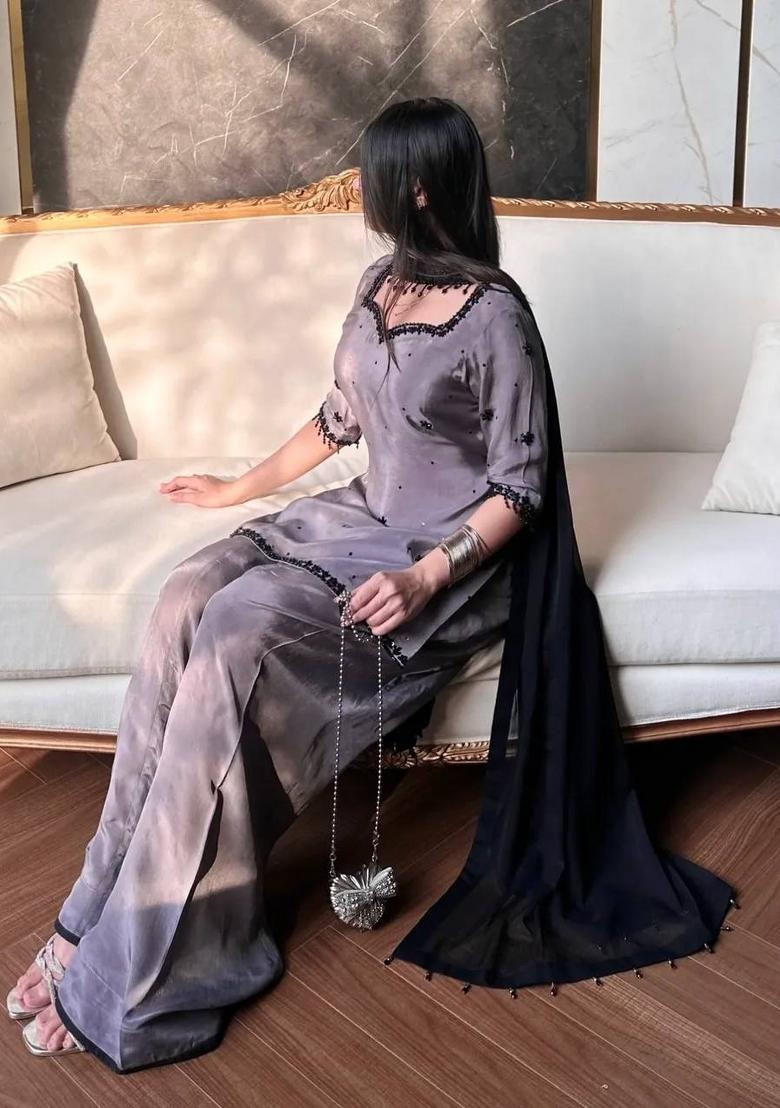 Grey Embroidery Silk Salwar Suit Set - Indya