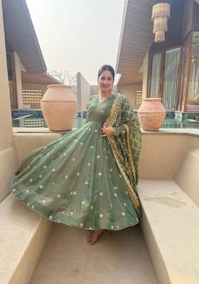 Green Embroidery Silk Anarkali Set