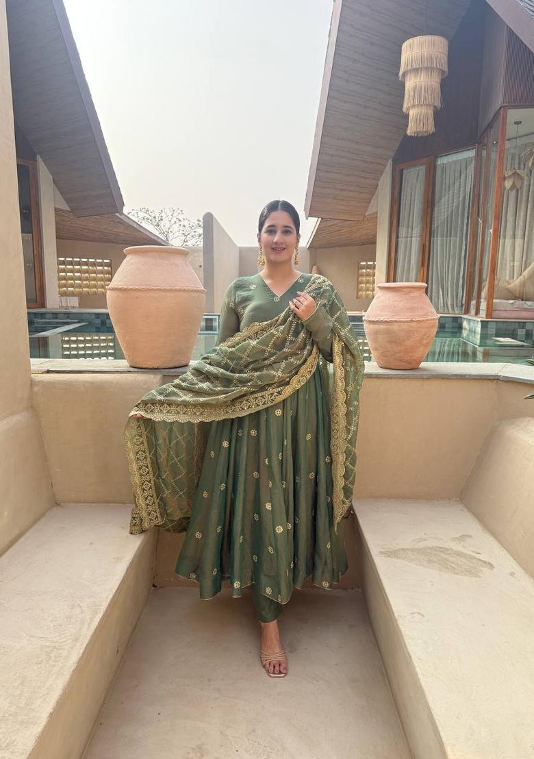 Green Embroidery Silk Anarkali Set - Indya