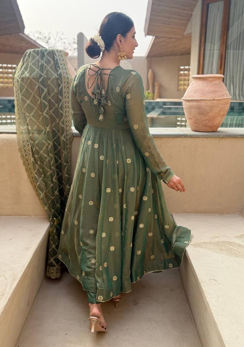 Green Embroidery Silk Anarkali Set - Indya