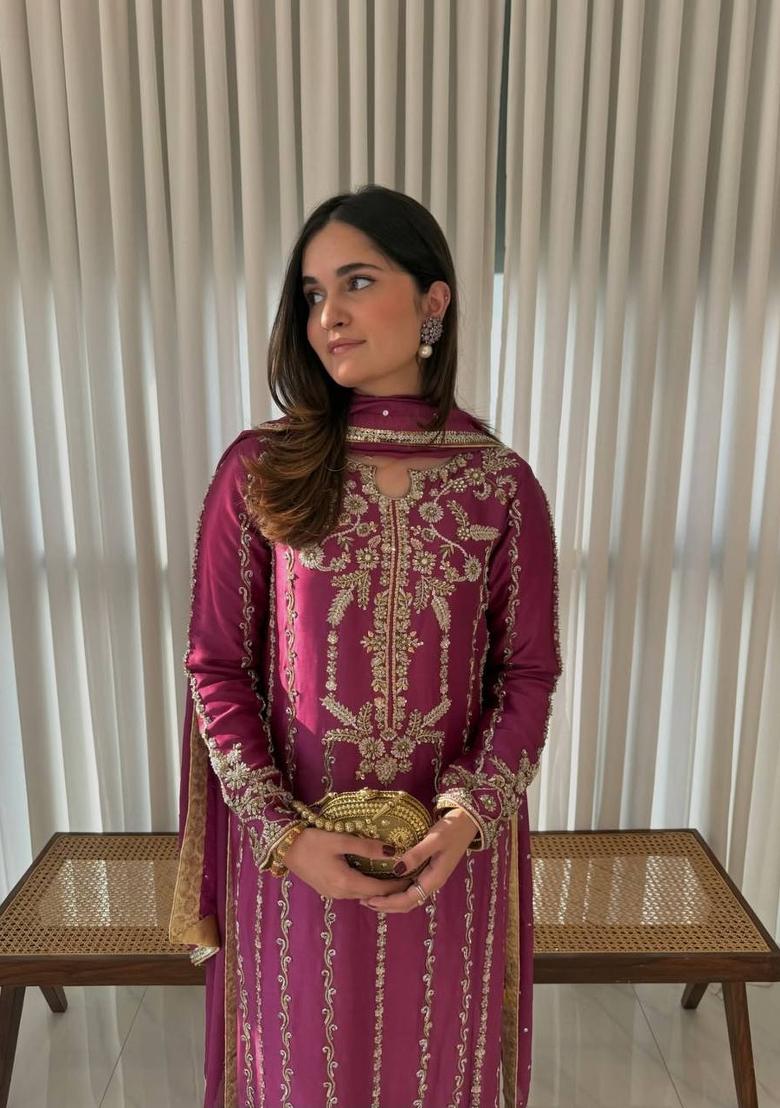 Pink Embroidery Silk Salwar Suit Set - Indya