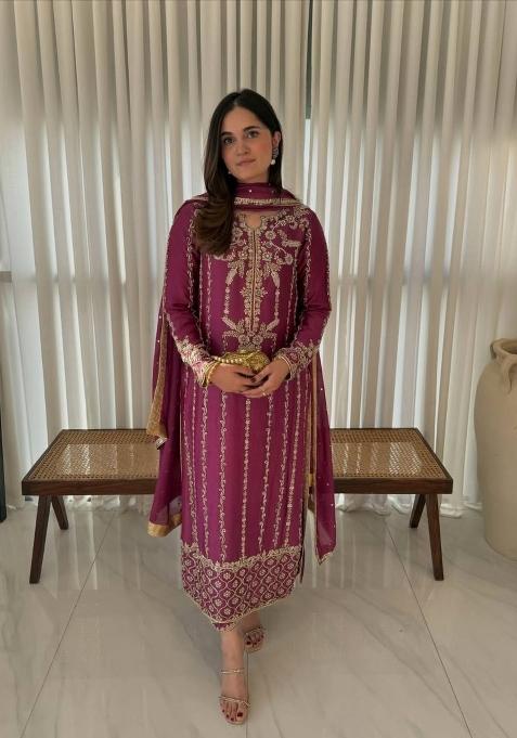 Pink Embroidery Silk Salwar Suit Set — view on Indya