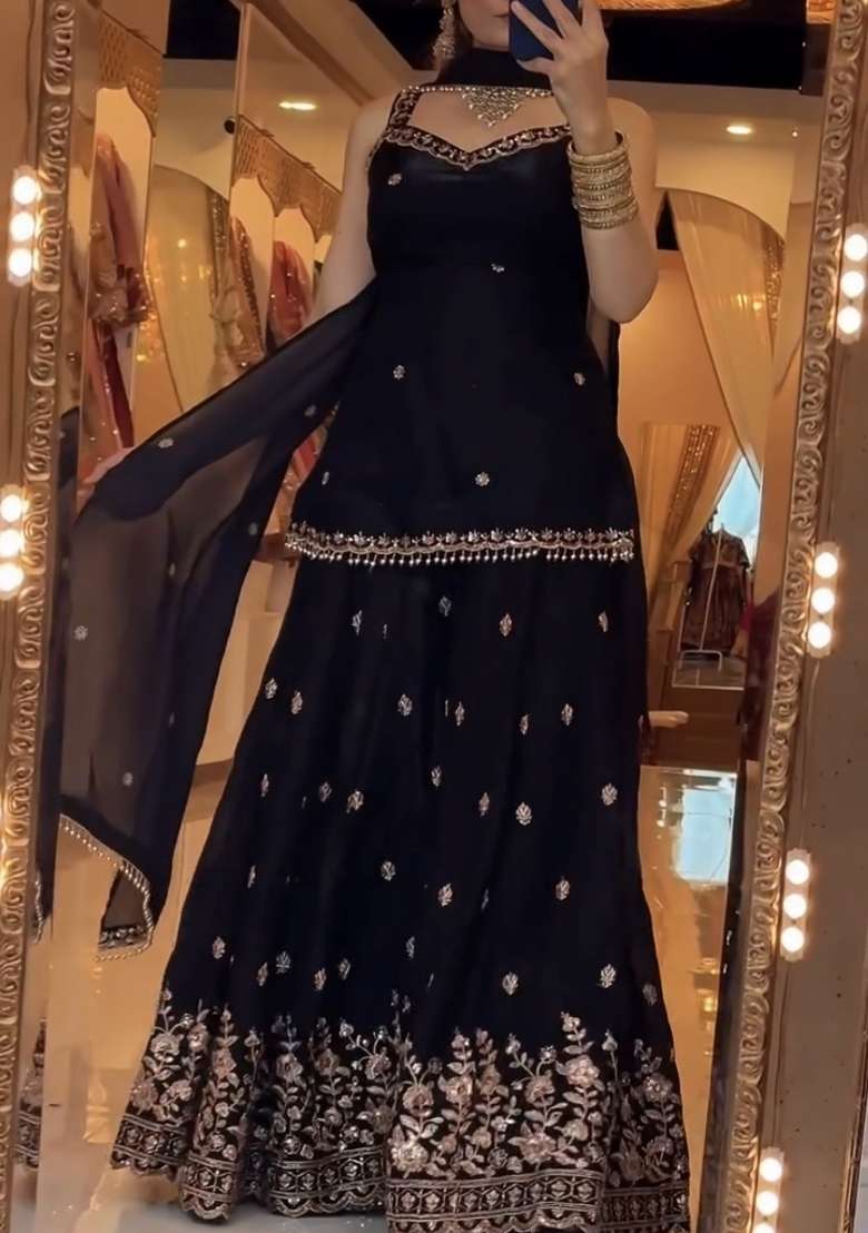Black Embroidery Silk Sharara Set - Indya