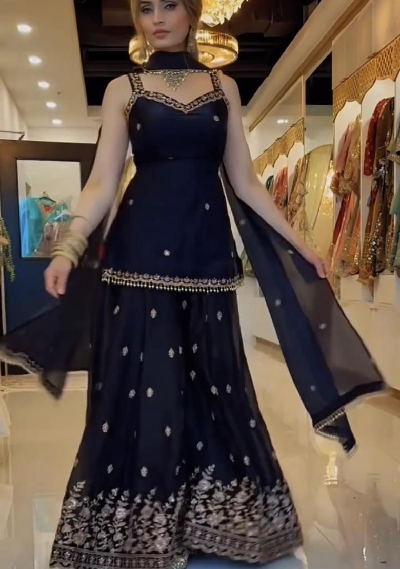 Black Embroidery Silk Sharara Set - Indya