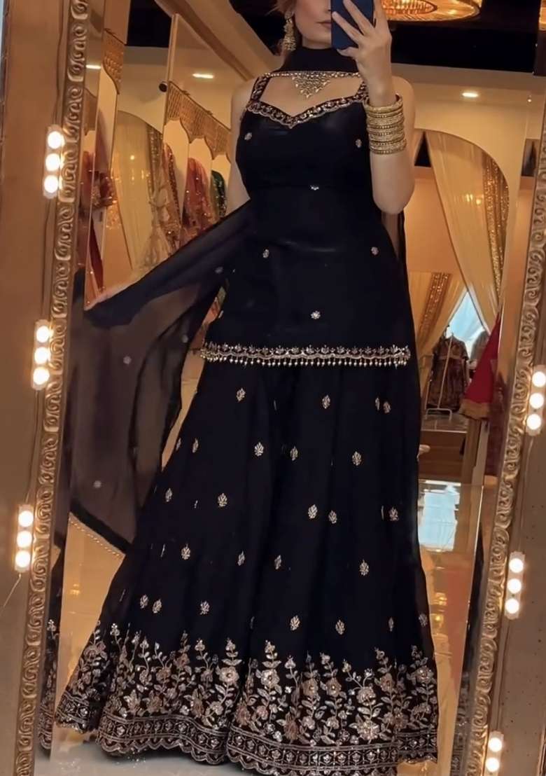 Black Embroidery Silk Sharara Set - Indya