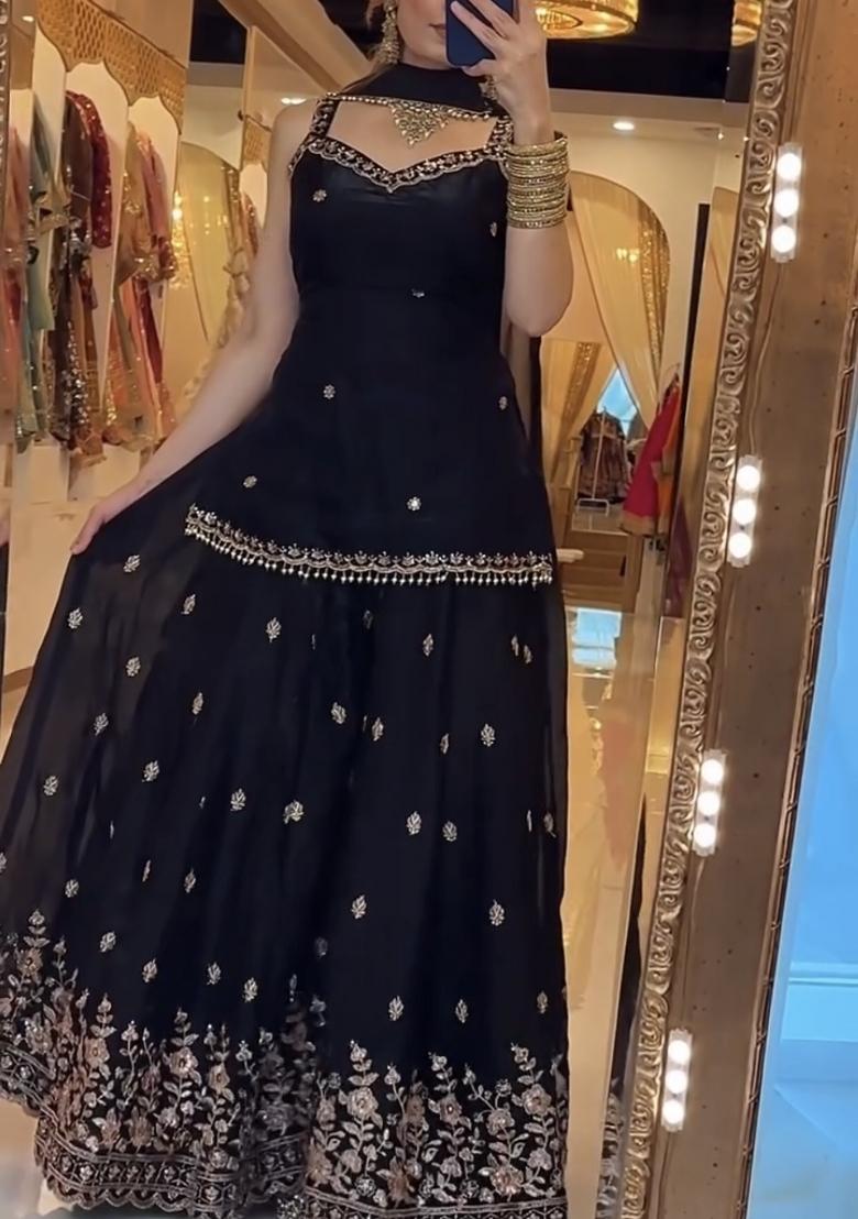 Black Embroidery Silk Sharara Set - Indya