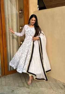 White Embroidery Silk Anarkali Set