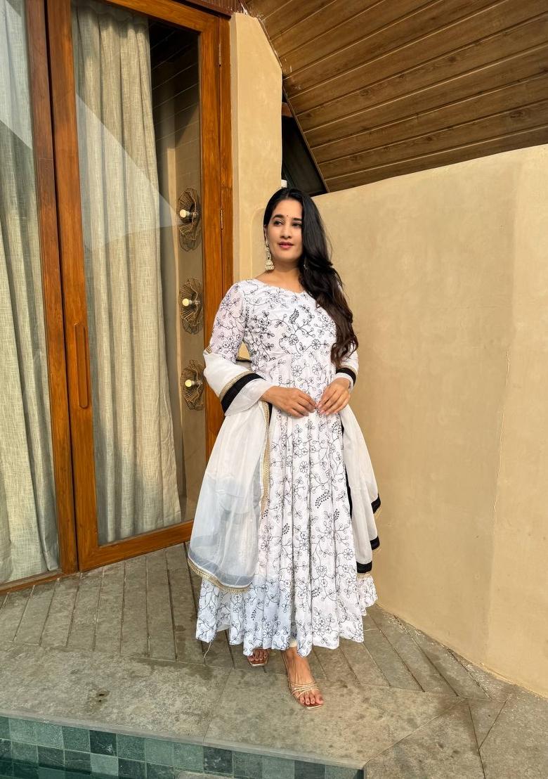 White Embroidery Silk Anarkali Set - Indya
