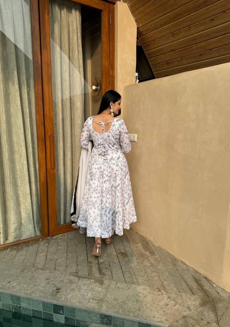 White Embroidery Silk Anarkali Set - Indya