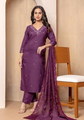 Wine Embroidery Silk Kurta Set