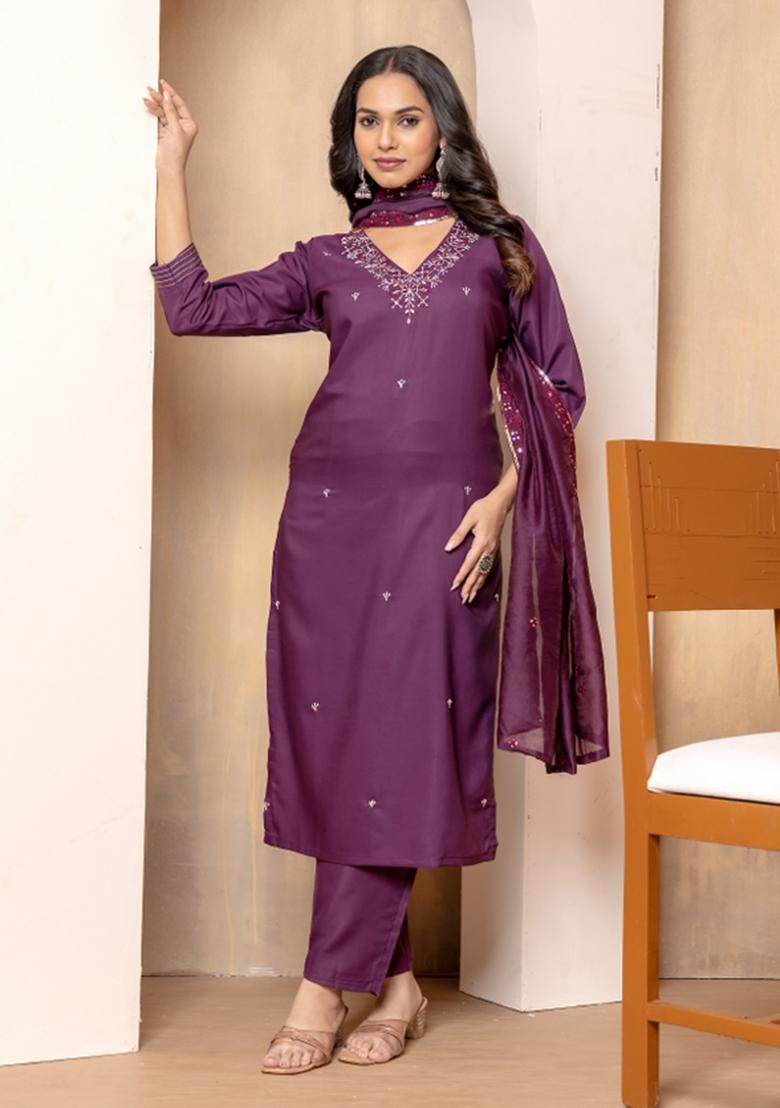 Wine Embroidery Silk Kurta Set - Indya