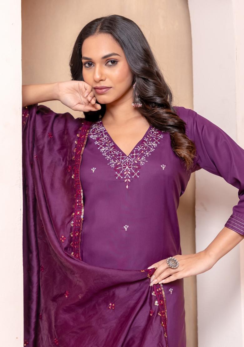 Wine Embroidery Silk Kurta Set - Indya