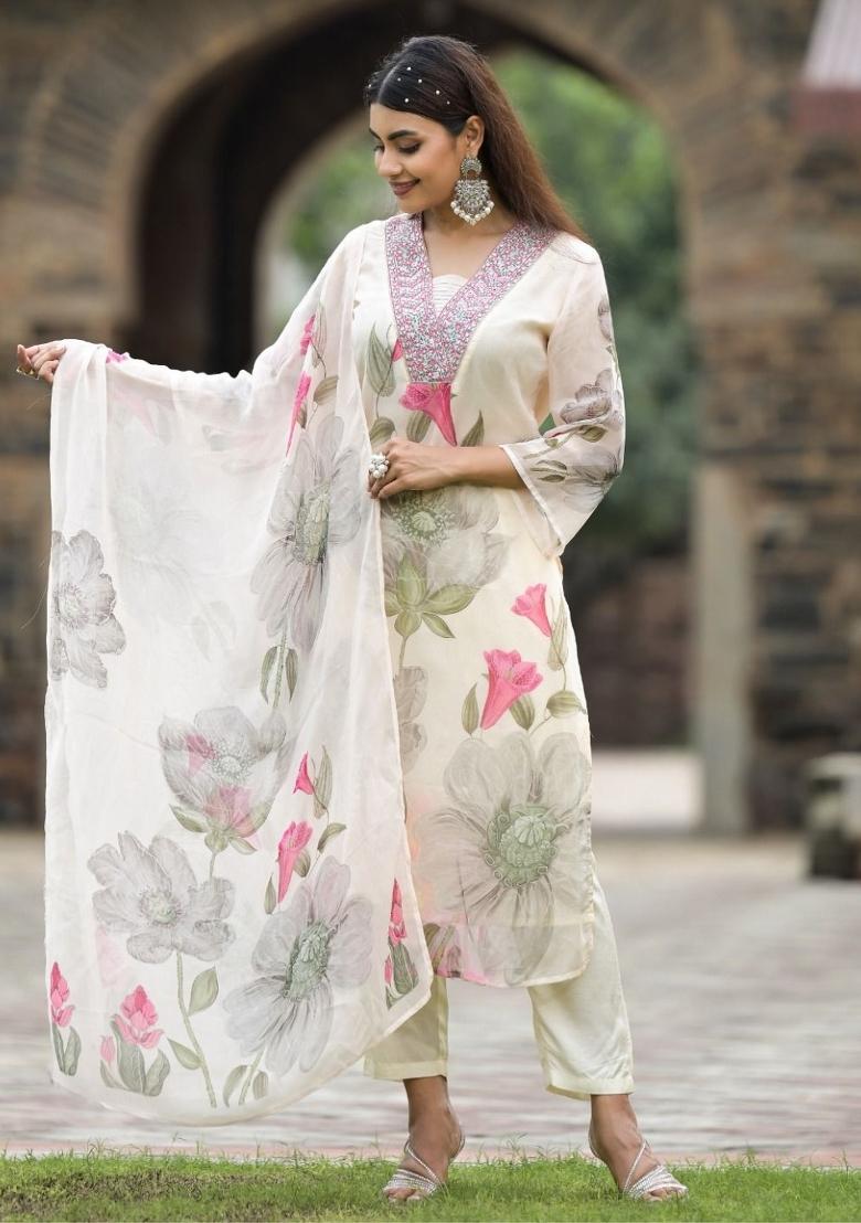 Light White Embroidery Georgette Kurta Set - Indya