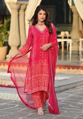 Dark Peach Embroidery Chinon Kurta Set