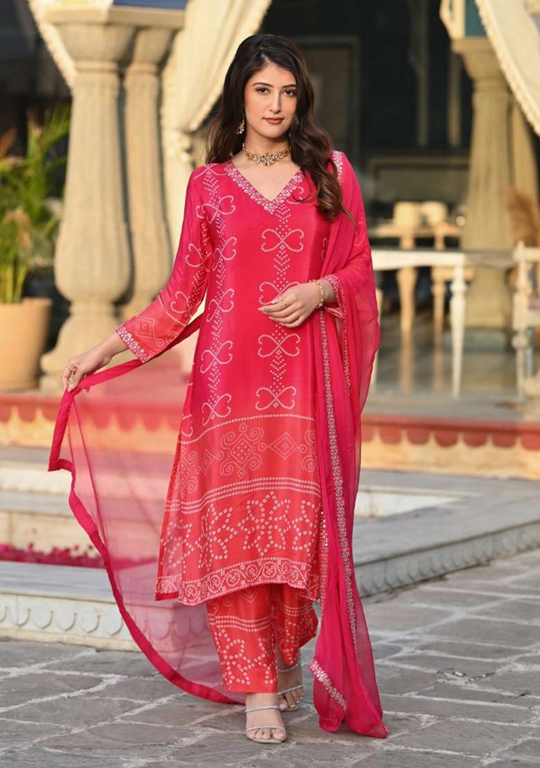 Dark Peach Embroidery Chinon Kurta Set - Indya